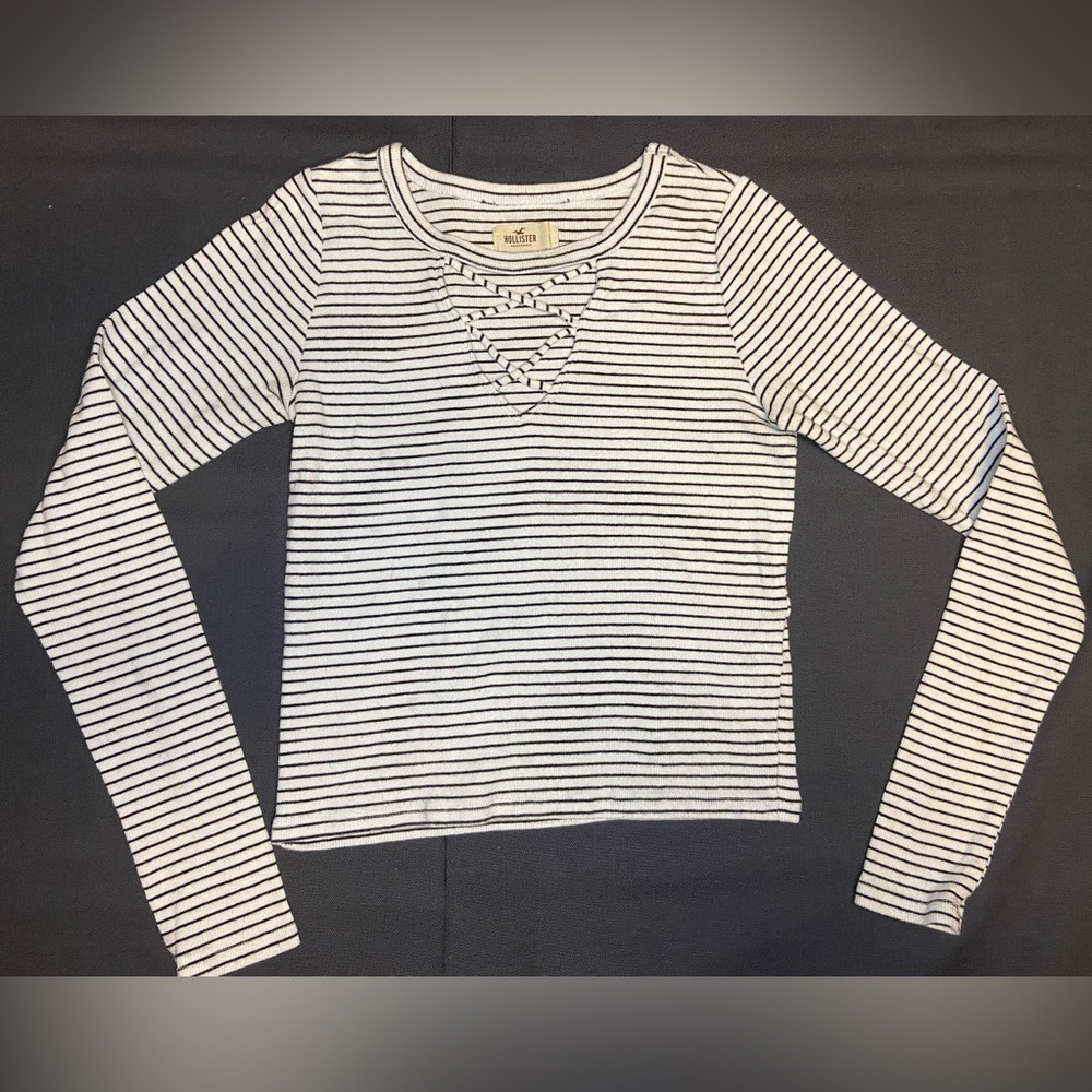 Hollister Women Ribbed Lace Up Front Long Sleeve‎ Striped Top Small Black White